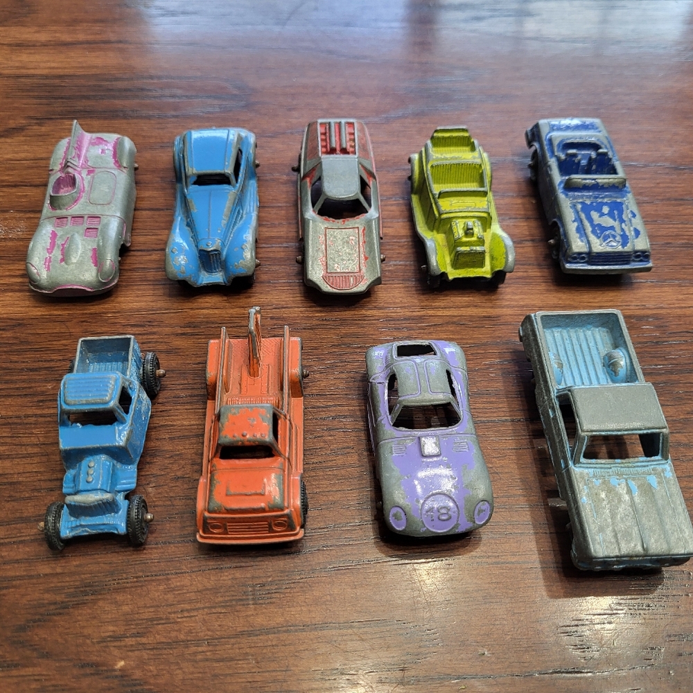 Vintage Tootsie Toy Cars & Trucks, Set Of 9, USA Made Die Cast Colorful